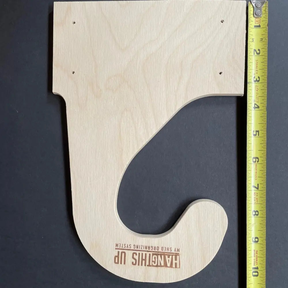 Light-colored wooden heavy duty ceiling mount vertical bicycle storage hook with engraved text and mounting holes