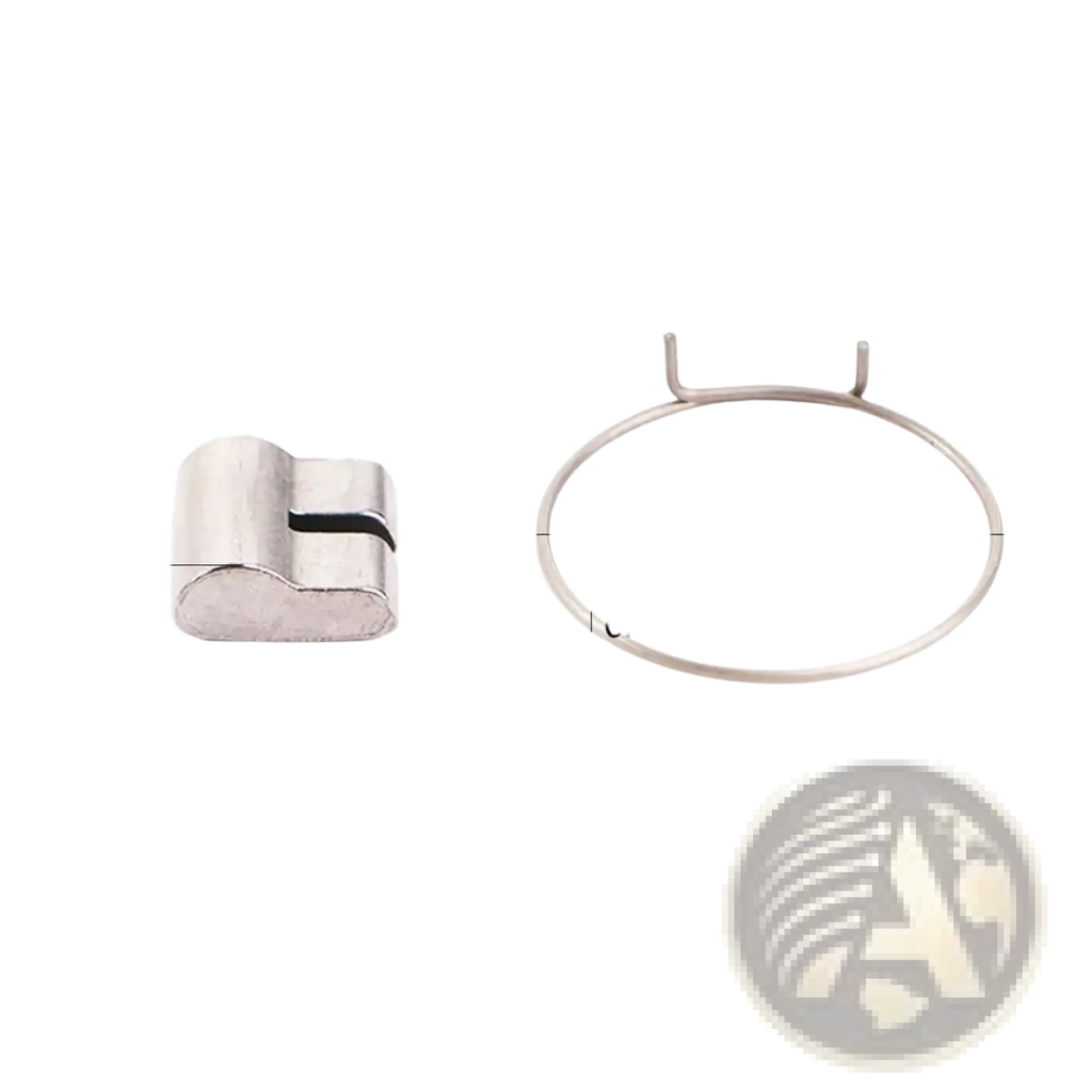Silver metal bike hub ratchet spring and pawl set with black accent latch and oval loop with two prongs