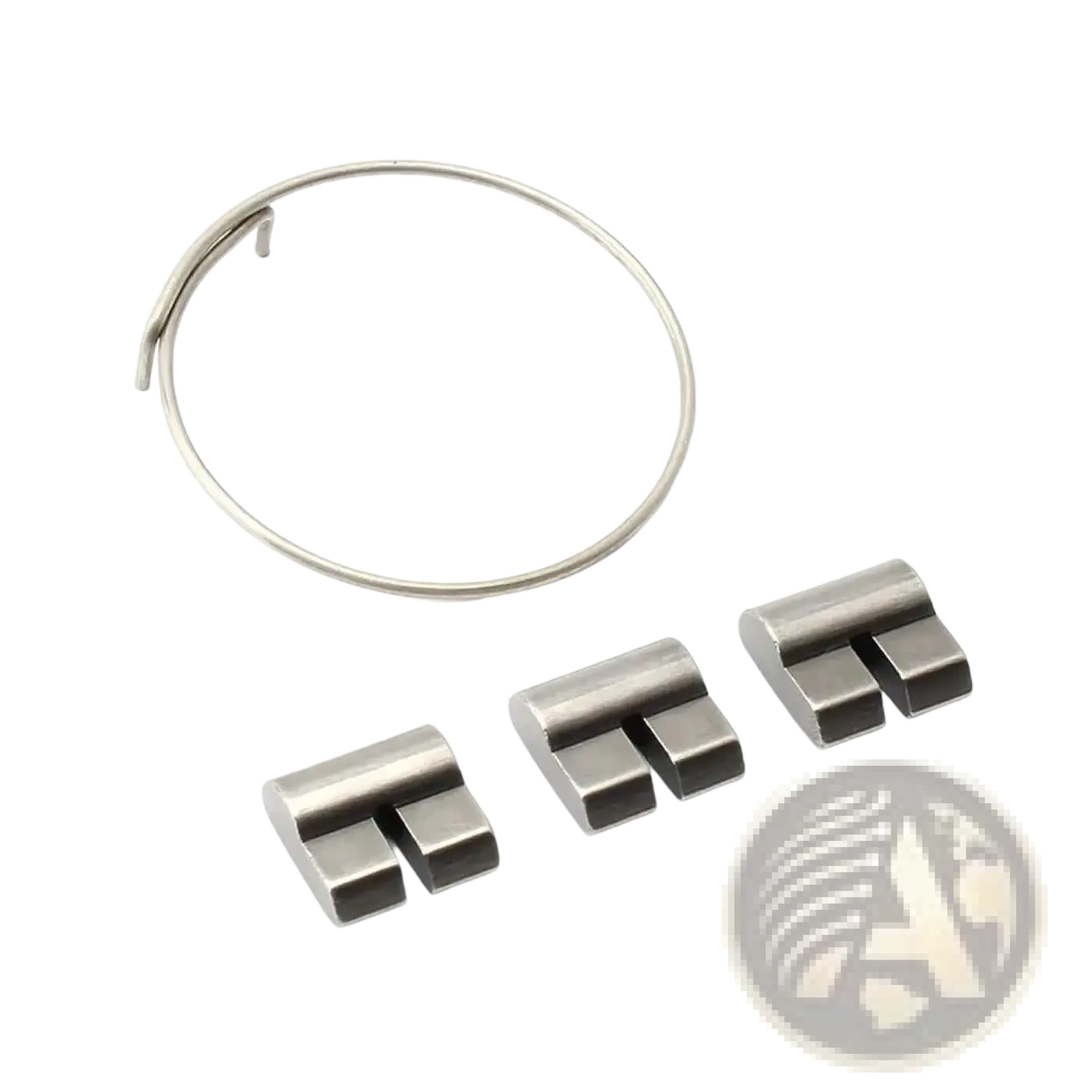 Silver-toned metal chain link and three matching connectors for bike hub ratchet spring and pawl set assembly