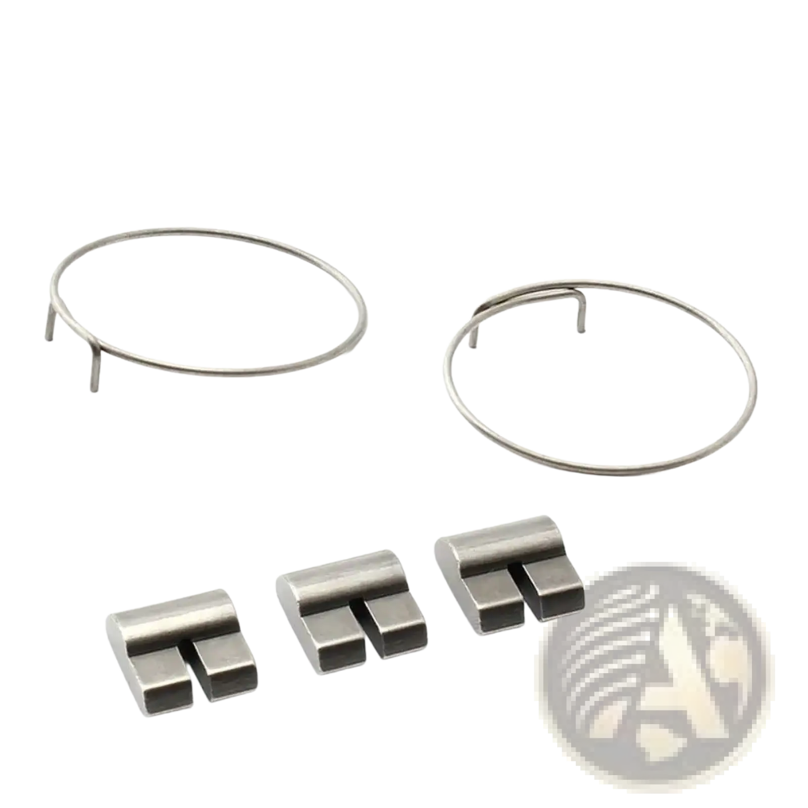 Set of two silver-toned metal watch band links with matching clasp components for bike hub spring pawl repair kit