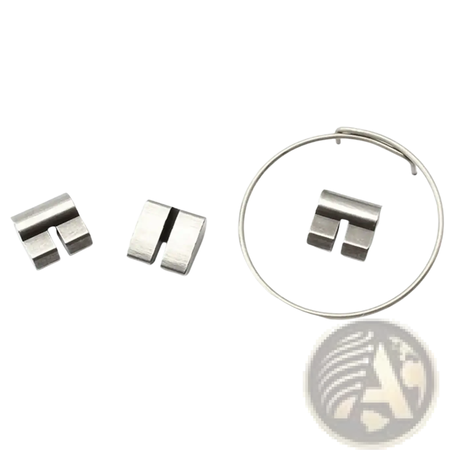 Silver-toned metal bike hub spring pawl repair kit ring with three matching t-shaped connectors