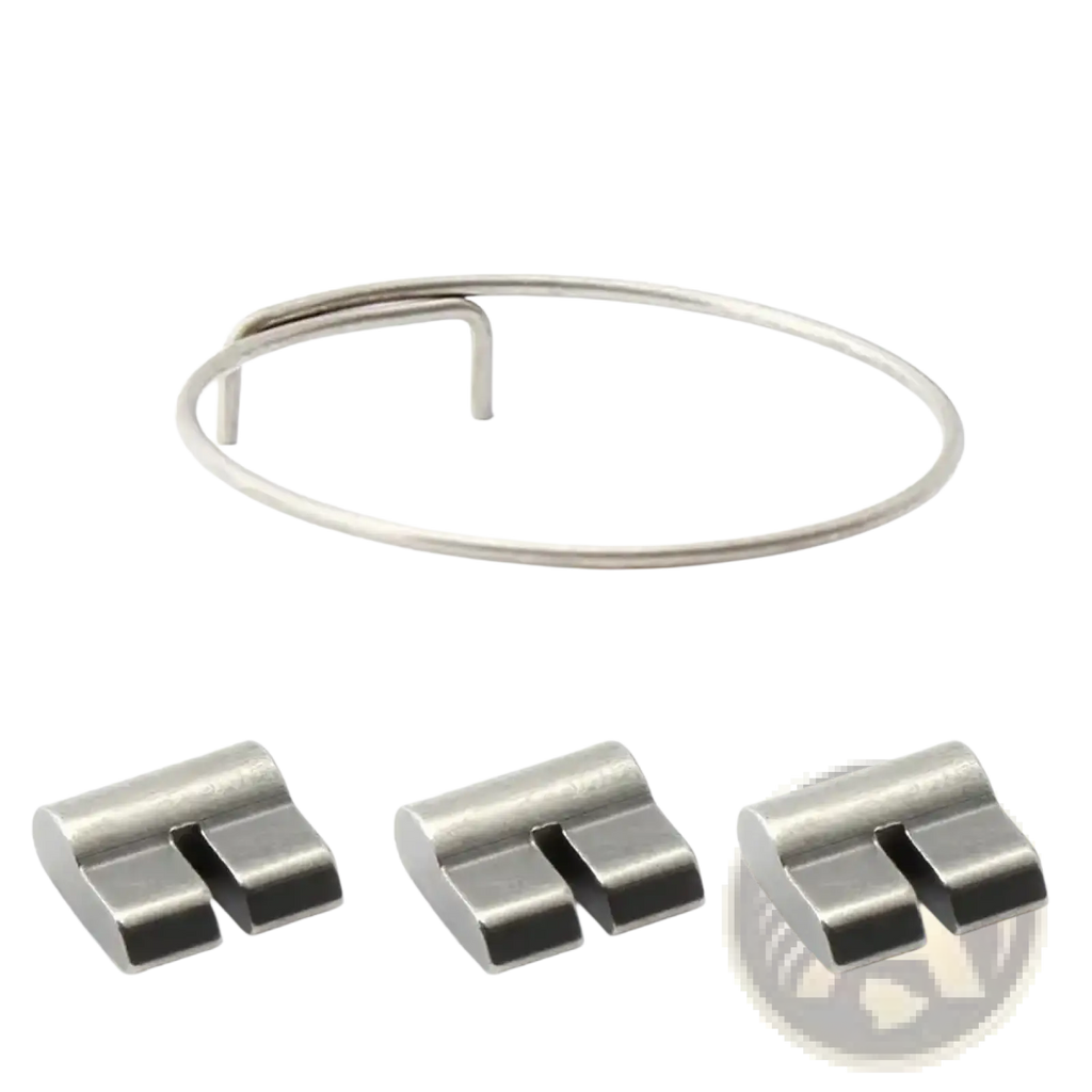 Silver-toned metal watch band clasp with three adjustable links shown as part of bike hub spring and pawl replacement set