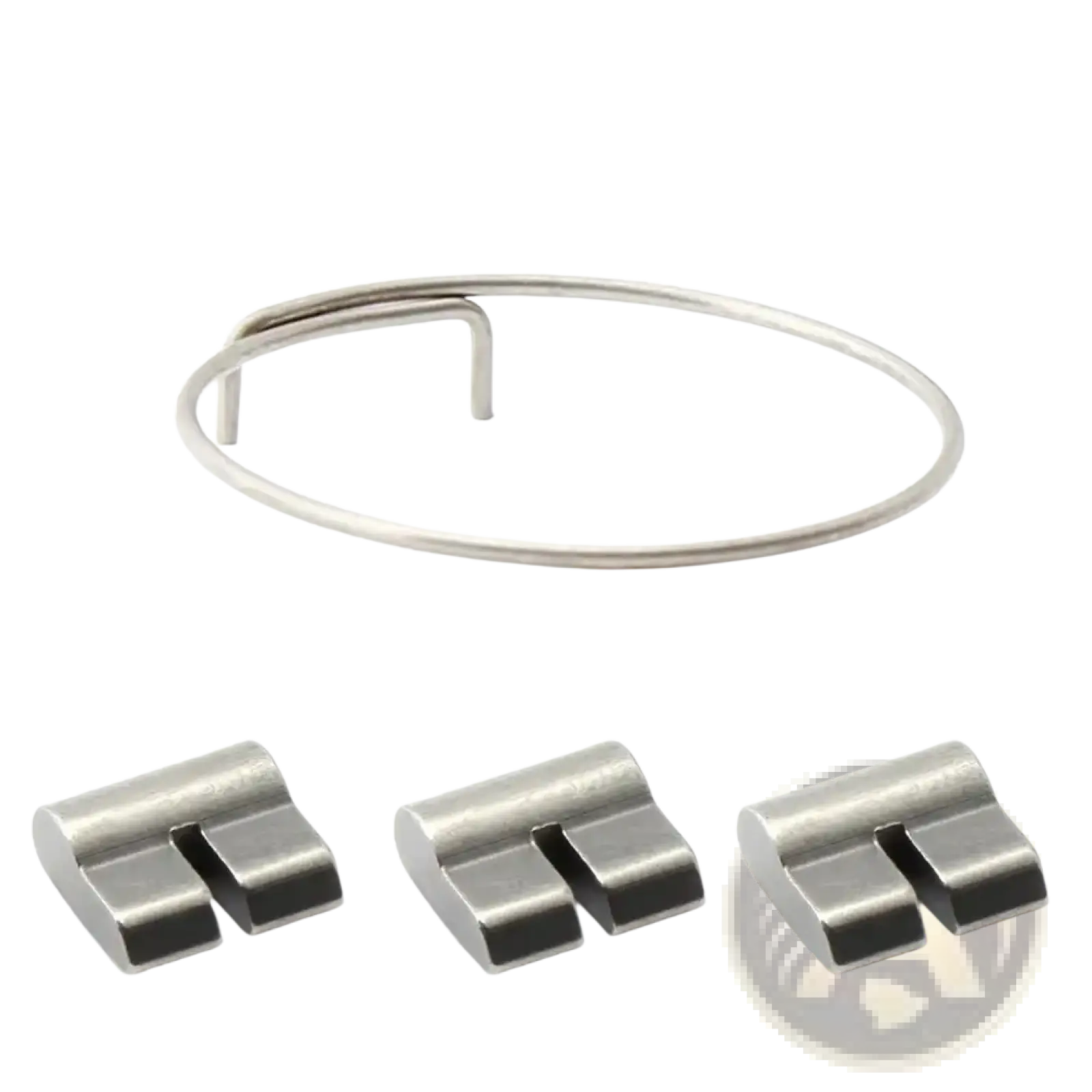 Silver-toned metal watch band clasp with three adjustable links shown as part of bike hub spring and pawl replacement set