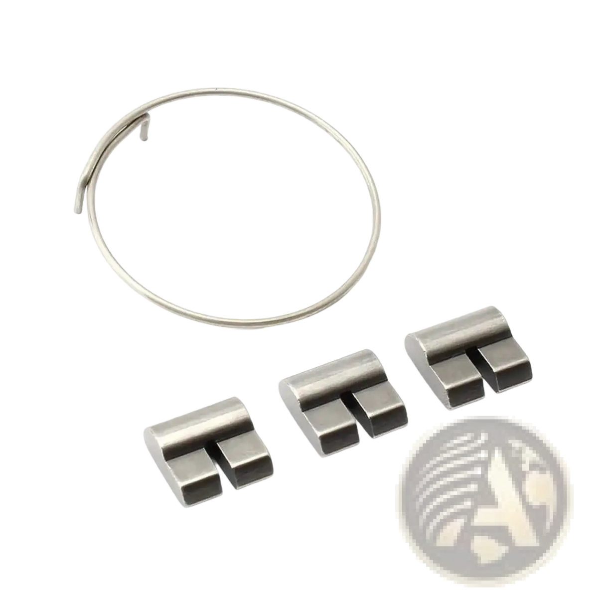Silver-toned metal chain link and three matching connectors for bike hub spring and pawl replacement set assembly