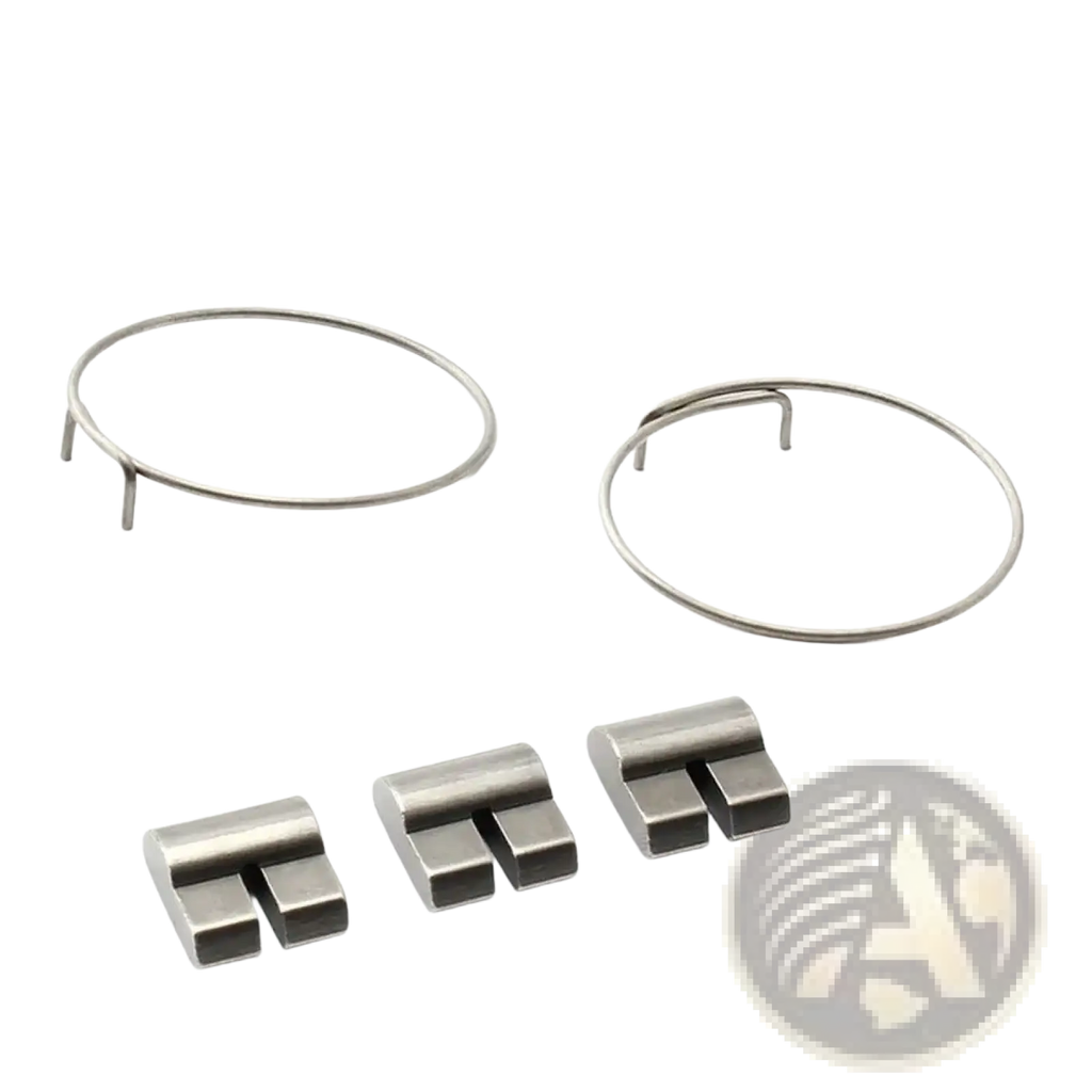 Set of two silver-toned metal watch band links with matching clasp components for bike hub spring and pawl replacement set