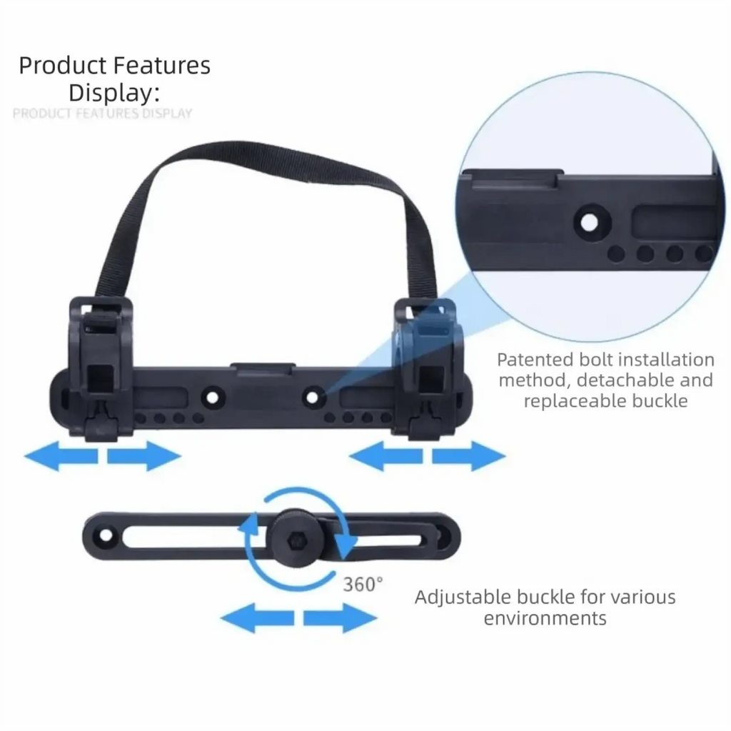 Black plastic bike pannier mounting buckle with adjustable handlebar mount and detachable bolt for secure installation