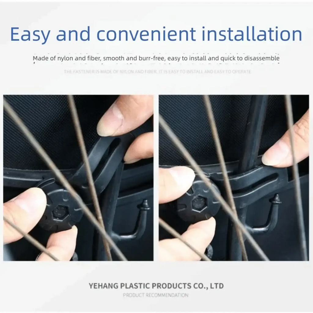 Black plastic bicycle wheel spoke fastener for bike pannier mounting buckle and carrier strap back side view