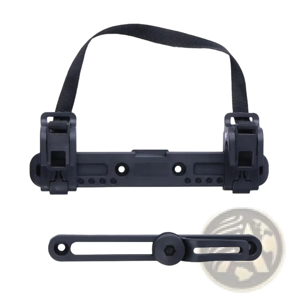 Black plastic bike pannier mounting buckle and carrier strap with adjustable clamp and handlebar mount mechanism