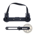 Black plastic bike pannier mounting buckle and carrier strap with adjustable clamp and handlebar mount mechanism
