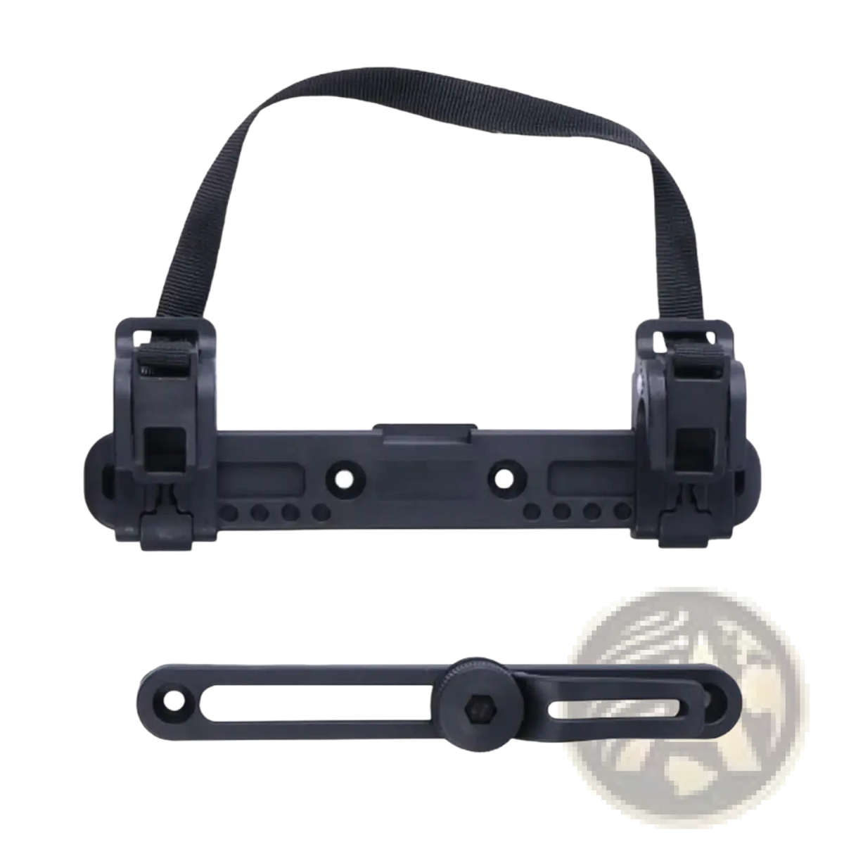 Black plastic bike pannier mounting buckle and carrier strap with adjustable clamp and handlebar mount mechanism