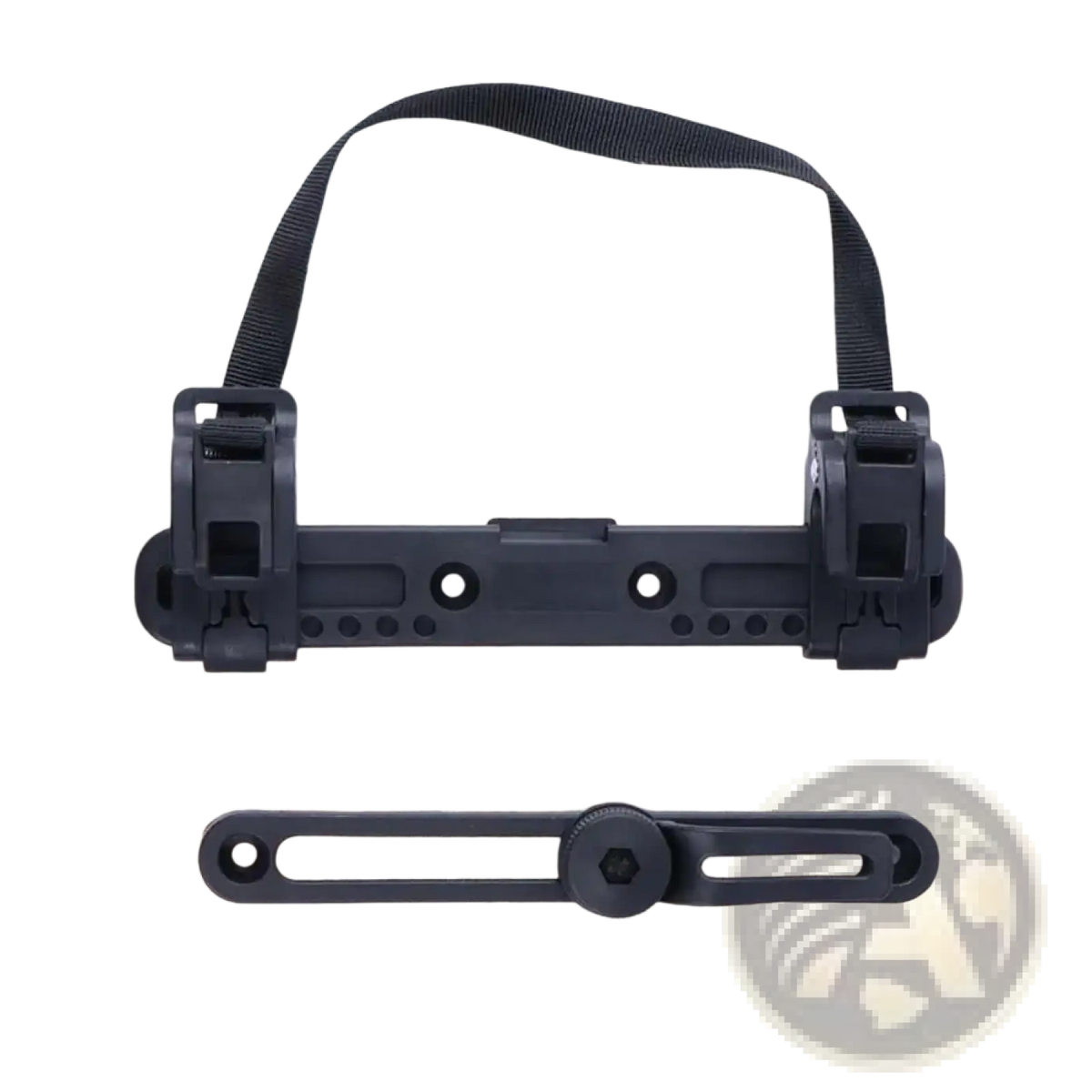 Black plastic bike pannier mounting buckle and carrier strap with adjustable handlebar mount and bracket
