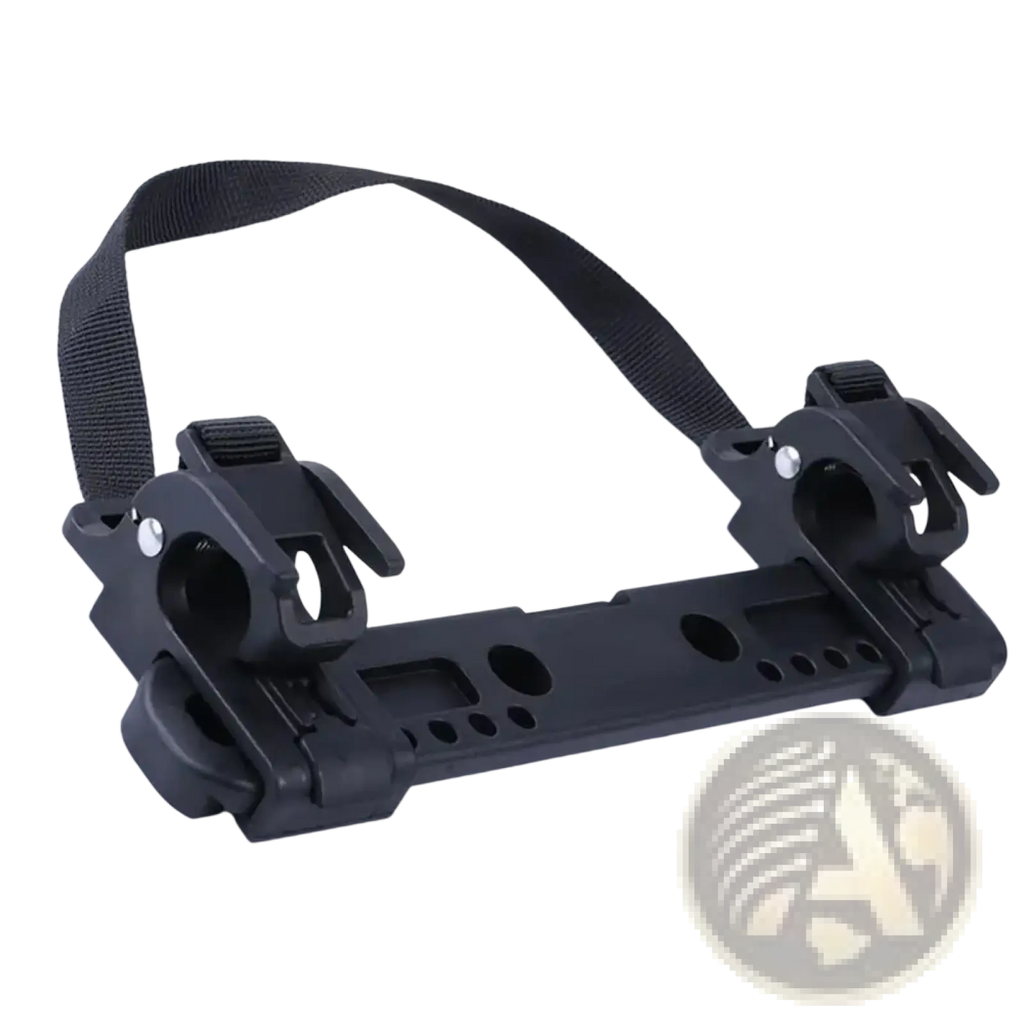 Black plastic bike pannier mounting buckle with adjustable clamps and fabric carrier strap for secure attachment