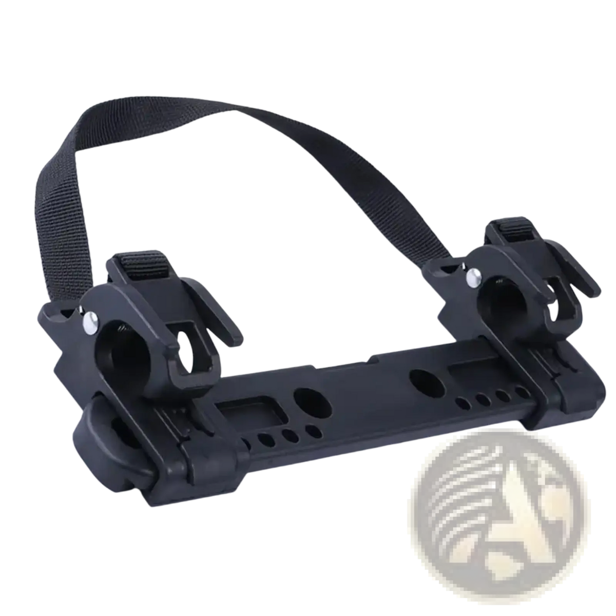 Black plastic bike pannier mounting buckle with adjustable clamps and fabric carrier strap for secure attachment