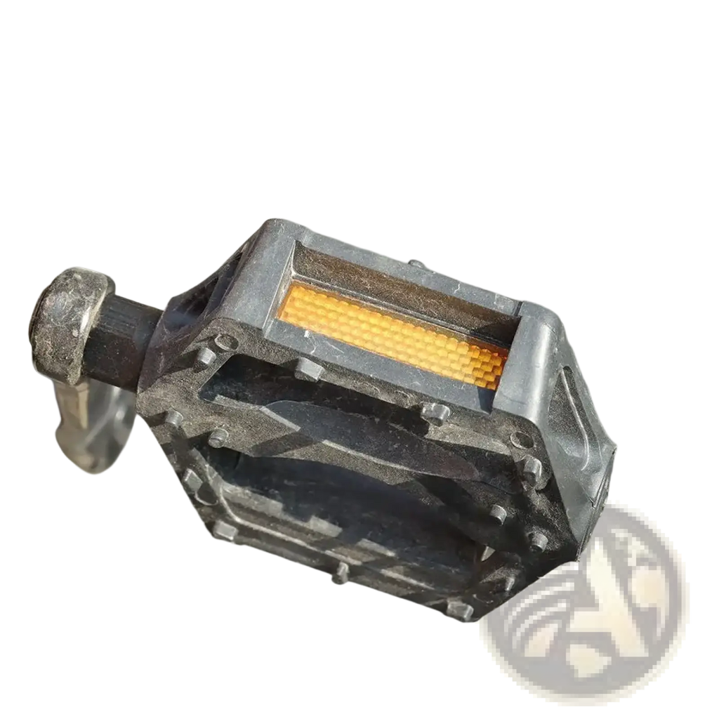 Black rubber bike pedal with bright orange amber safety reflector strip embedded in the center front view