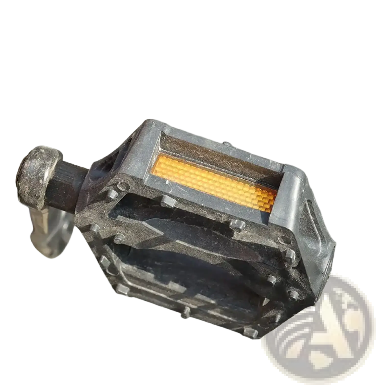 Black rubber bike pedal with bright orange amber safety reflector strip embedded in the center front view
