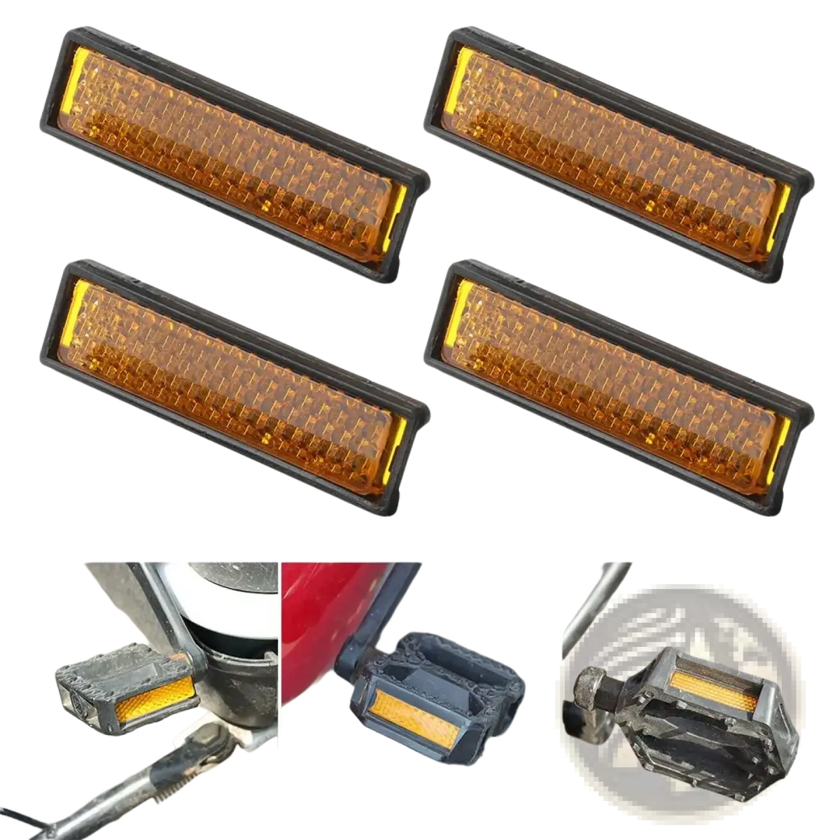 Set of four black-framed amber bike pedal reflectors with textured grid surface for enhanced safety visibility
