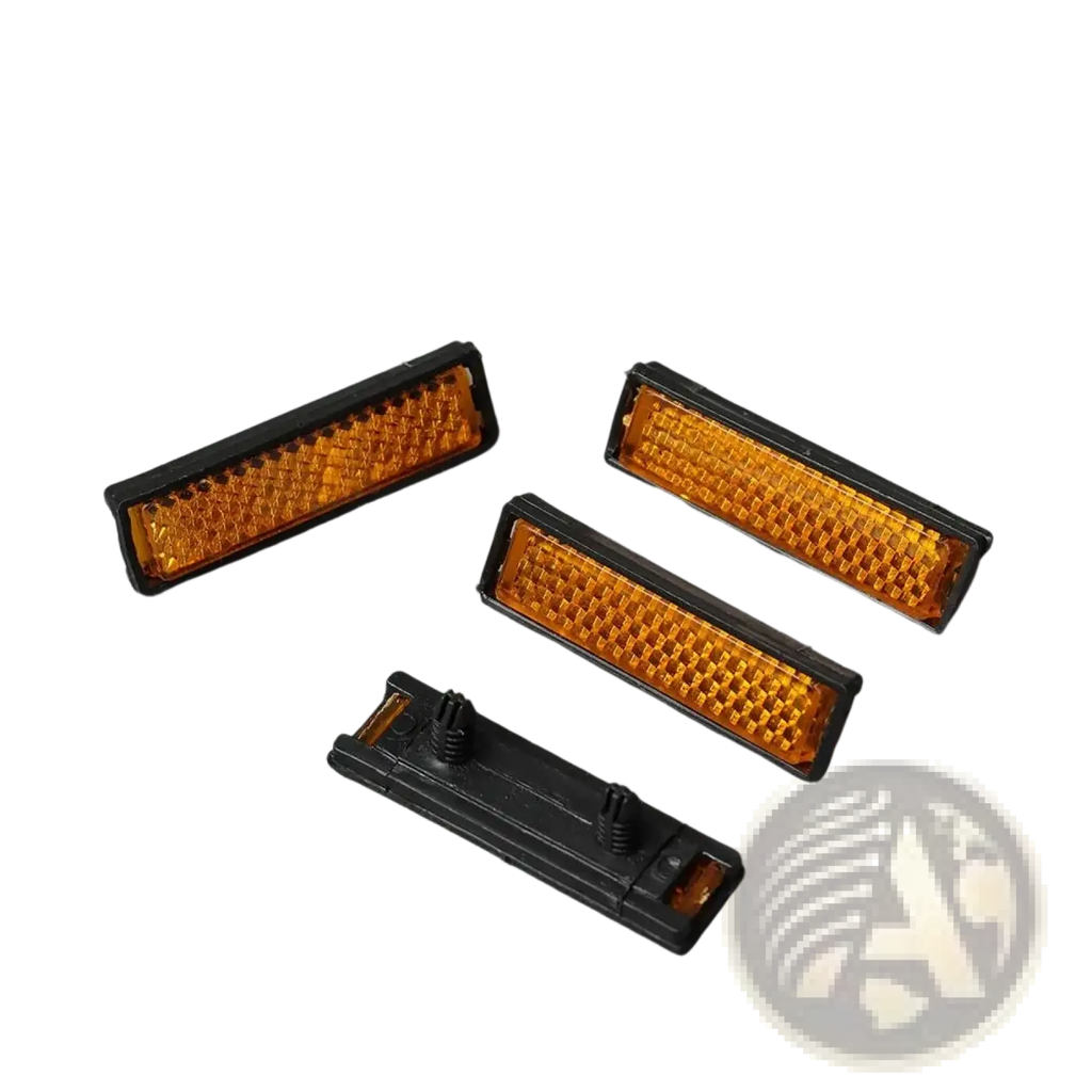 Bike pedal reflector set 4 pack with black frames amber reflective grid strips and one with mounting hardware for safety