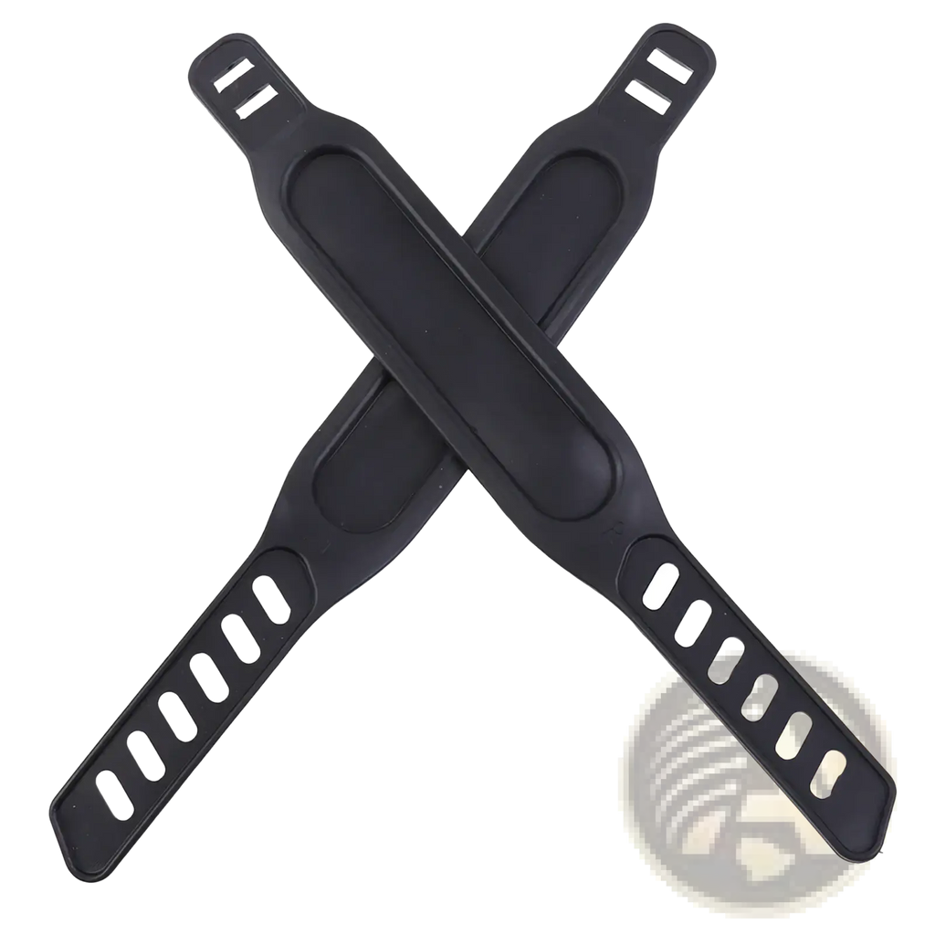 Black plastic bike pedal straps replacement pair with elongated contoured design and oval cutouts along each side