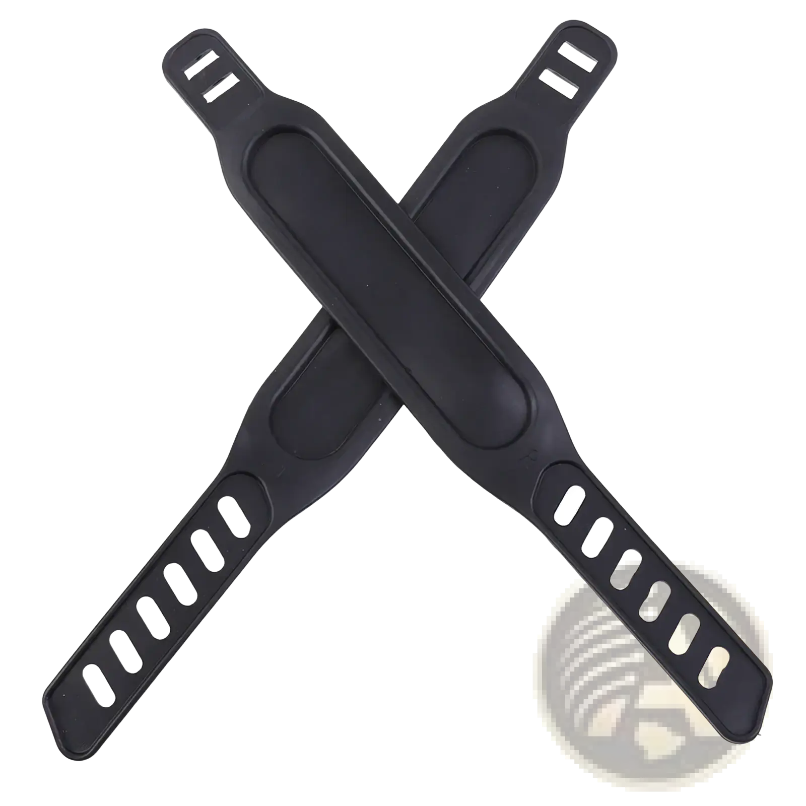 Black plastic bike pedal straps replacement pair with elongated contoured design and oval cutouts along each side
