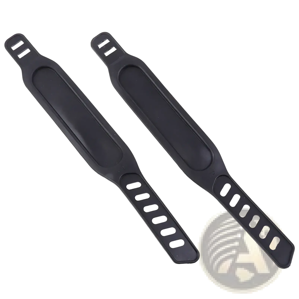 Black plastic bike pedal straps replacement pair with smooth matte finish and adjustable cut-out slots visible from back side