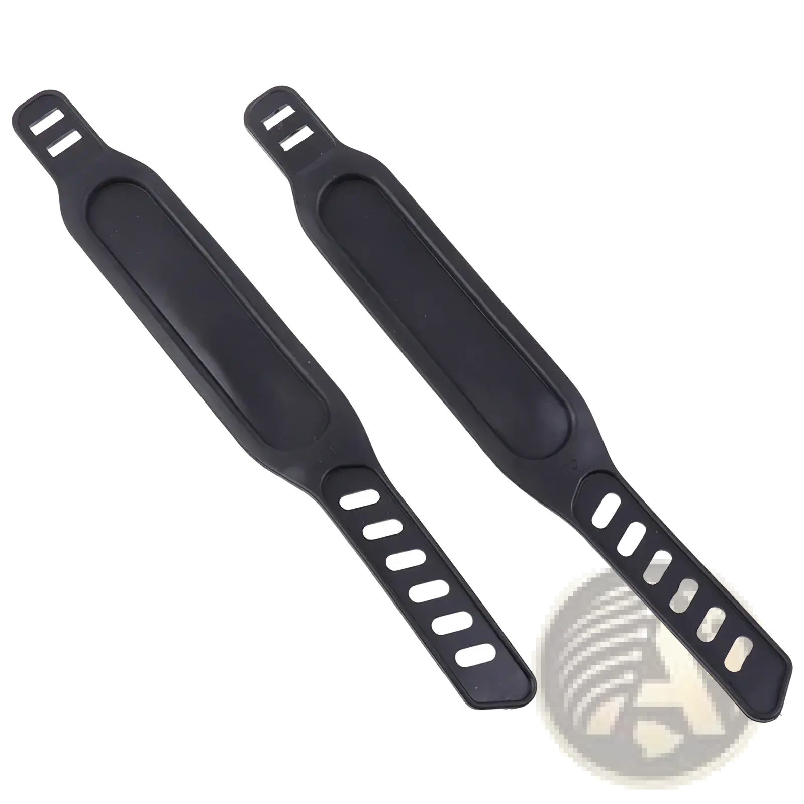 Black plastic bike pedal straps replacement pair with smooth matte finish and adjustable cut-out slots visible from back side