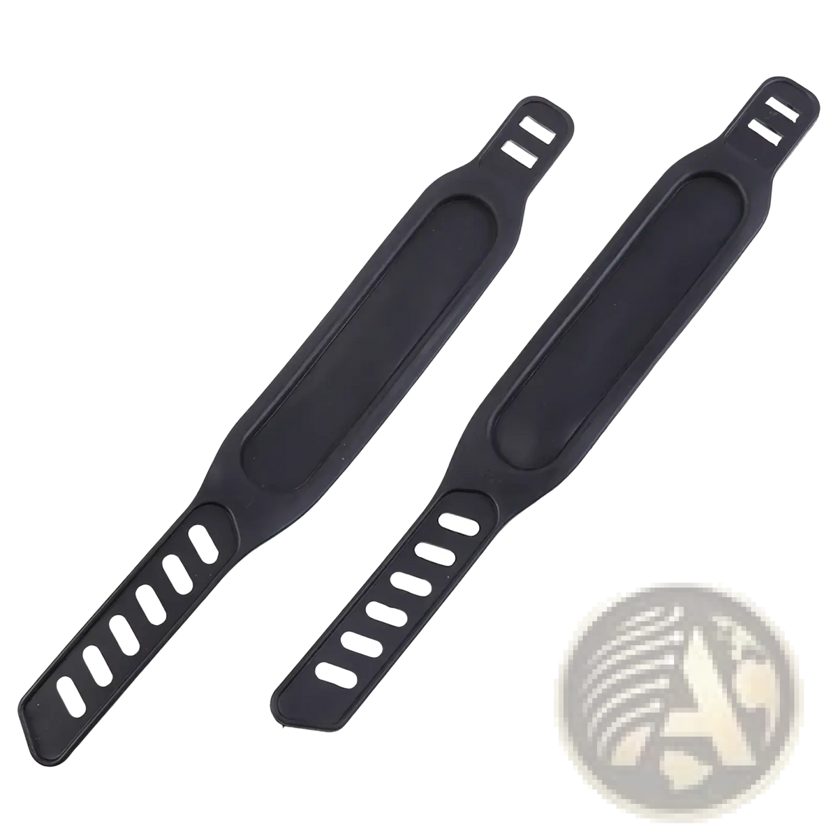Black silicone bike pedal straps replacement pair with matte finish and elongated contoured design with oval cutouts