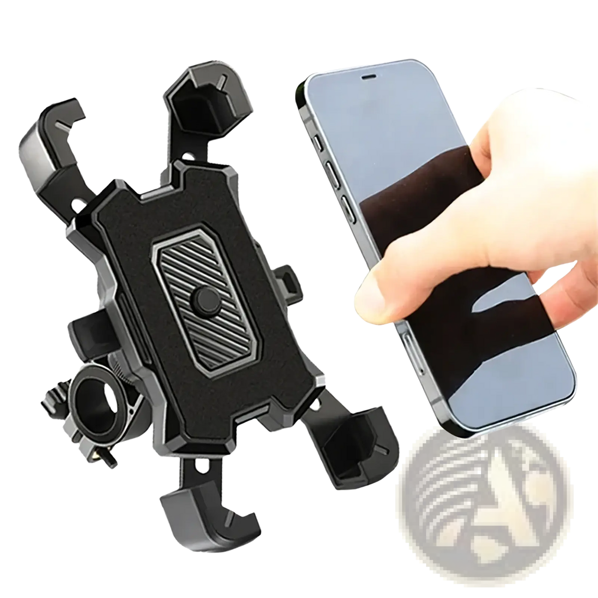 Black 360-degree adjustable bike phone holder with textured grip and multi-clamp design for secure handlebar mounting