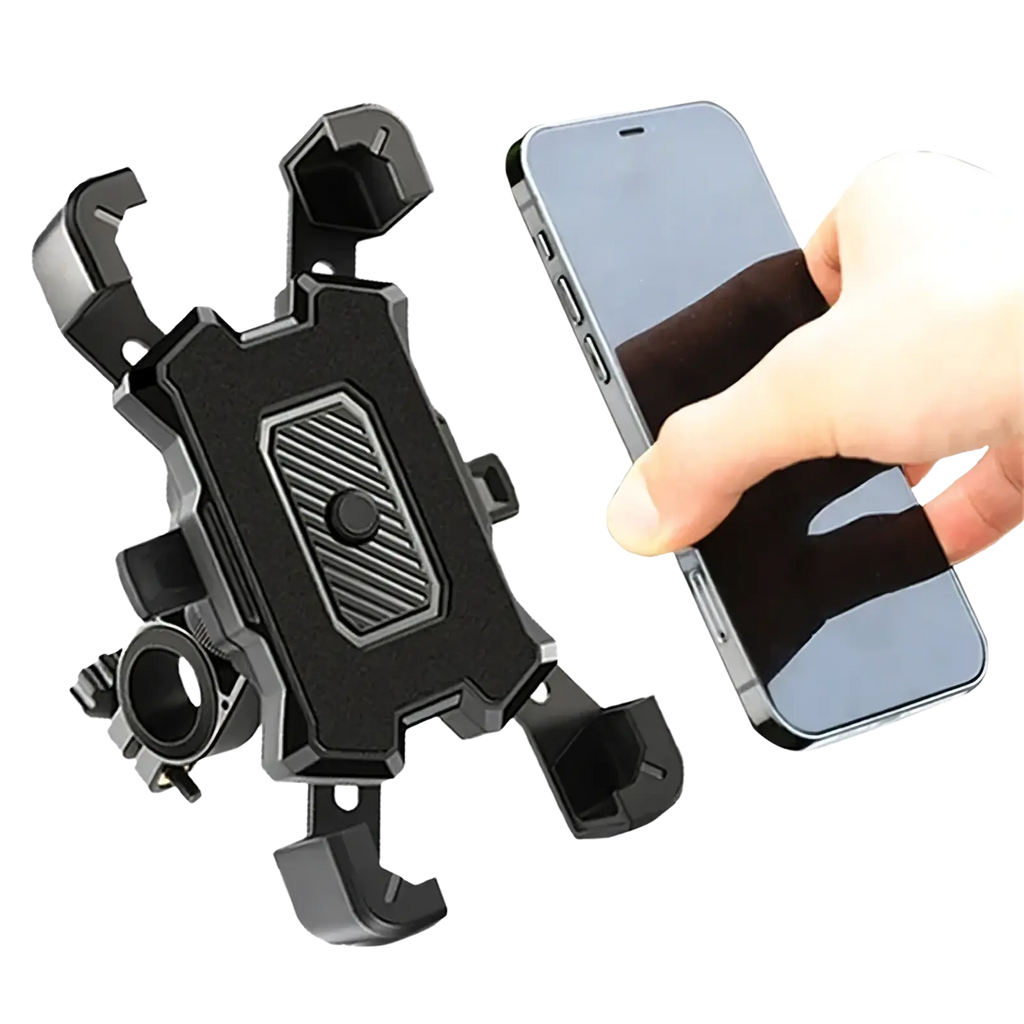 Black 360-degree adjustable bike phone holder with textured grip and multi-clamp design for secure handlebar mounting