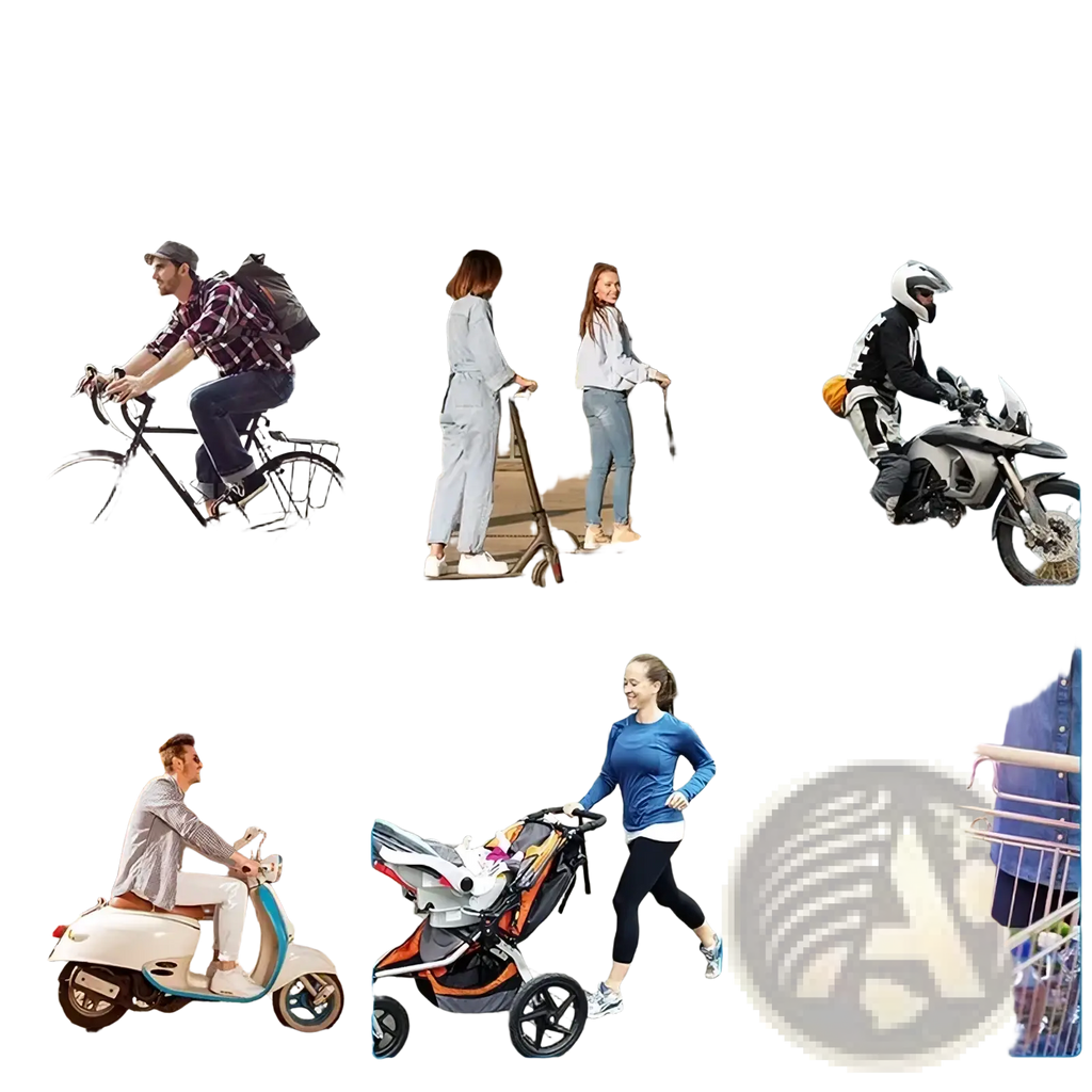 Collage of six transportation and utility vehicles featuring bike phone holder 360 rotation handlebar mount use cases