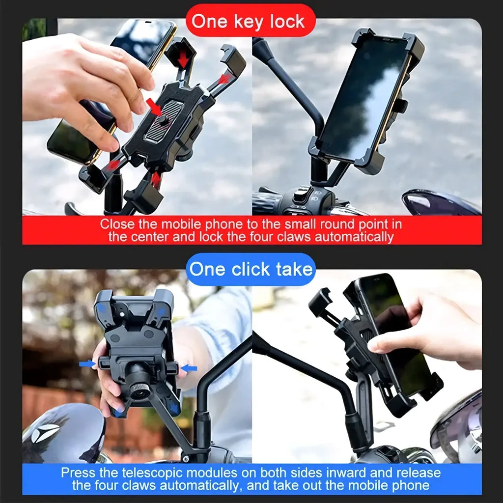 Black plastic bike phone holder with adjustable telescopic arms and claw clamps for secure 360 rotation handlebar mount
