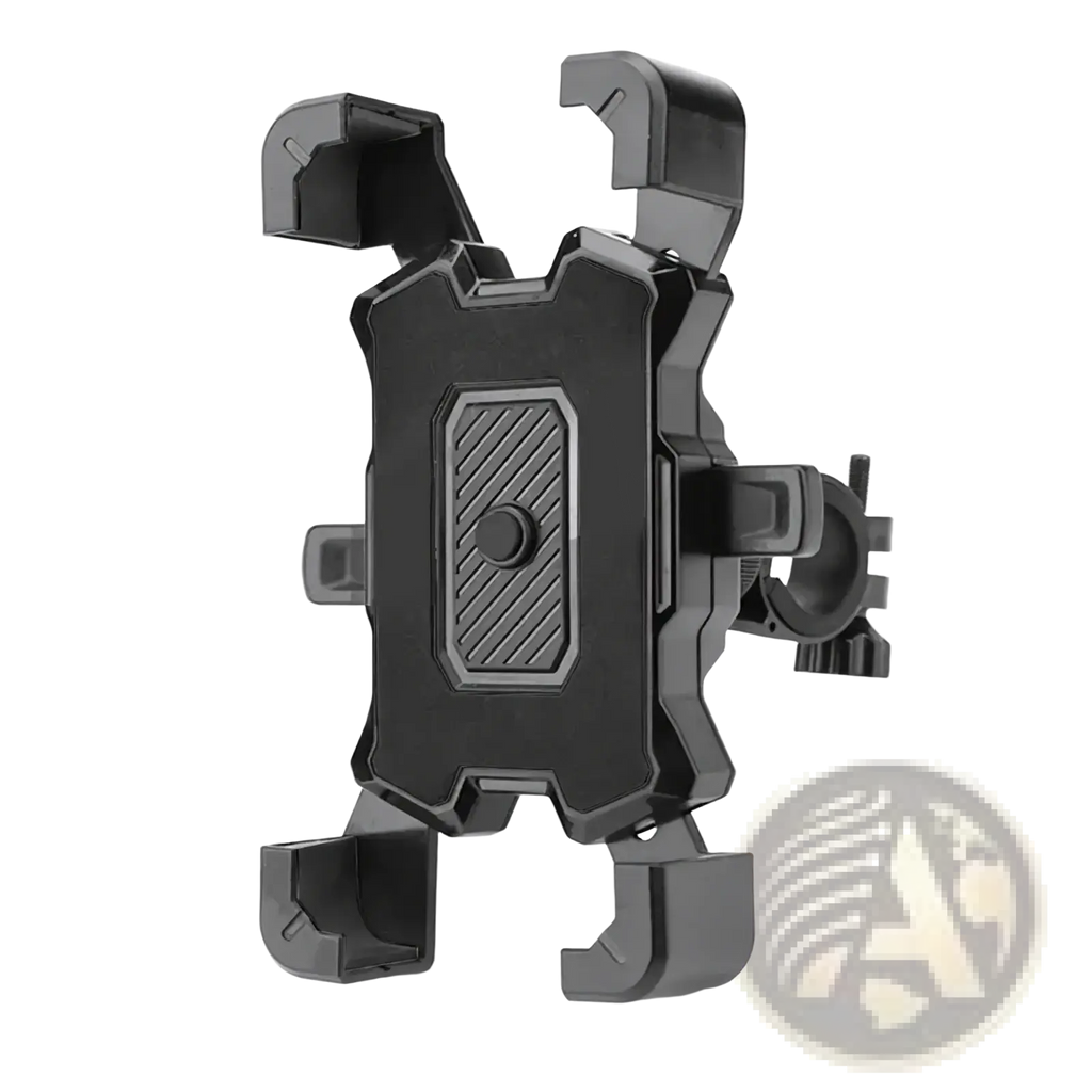 Black plastic bike phone holder with rugged angular design and textured grip for 360 rotation handlebar mount