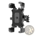 Black plastic bike phone holder with rugged angular design and textured grip for 360 rotation handlebar mount