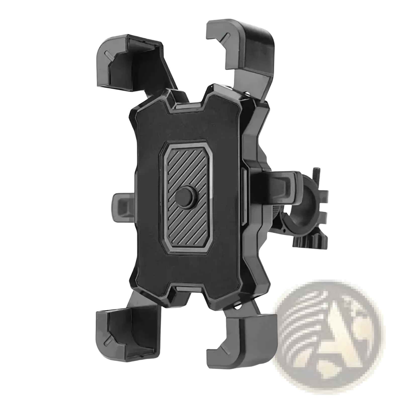 Black plastic bike phone holder with rugged angular design and textured grip for 360 rotation handlebar mount