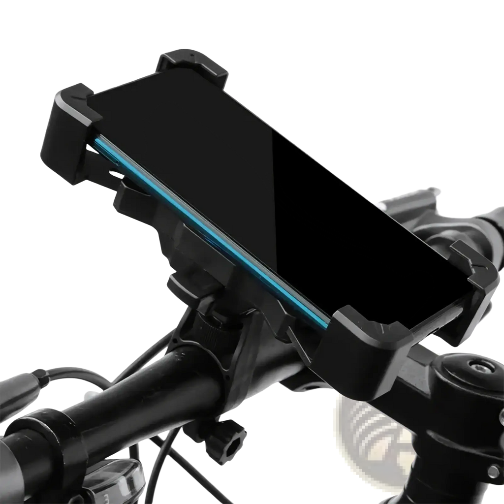 Black plastic bike phone holder with 360 rotation handlebar mount securely holding a smartphone