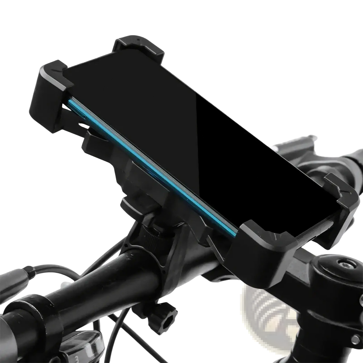 Black plastic bike phone holder with 360 rotation handlebar mount securely holding a smartphone