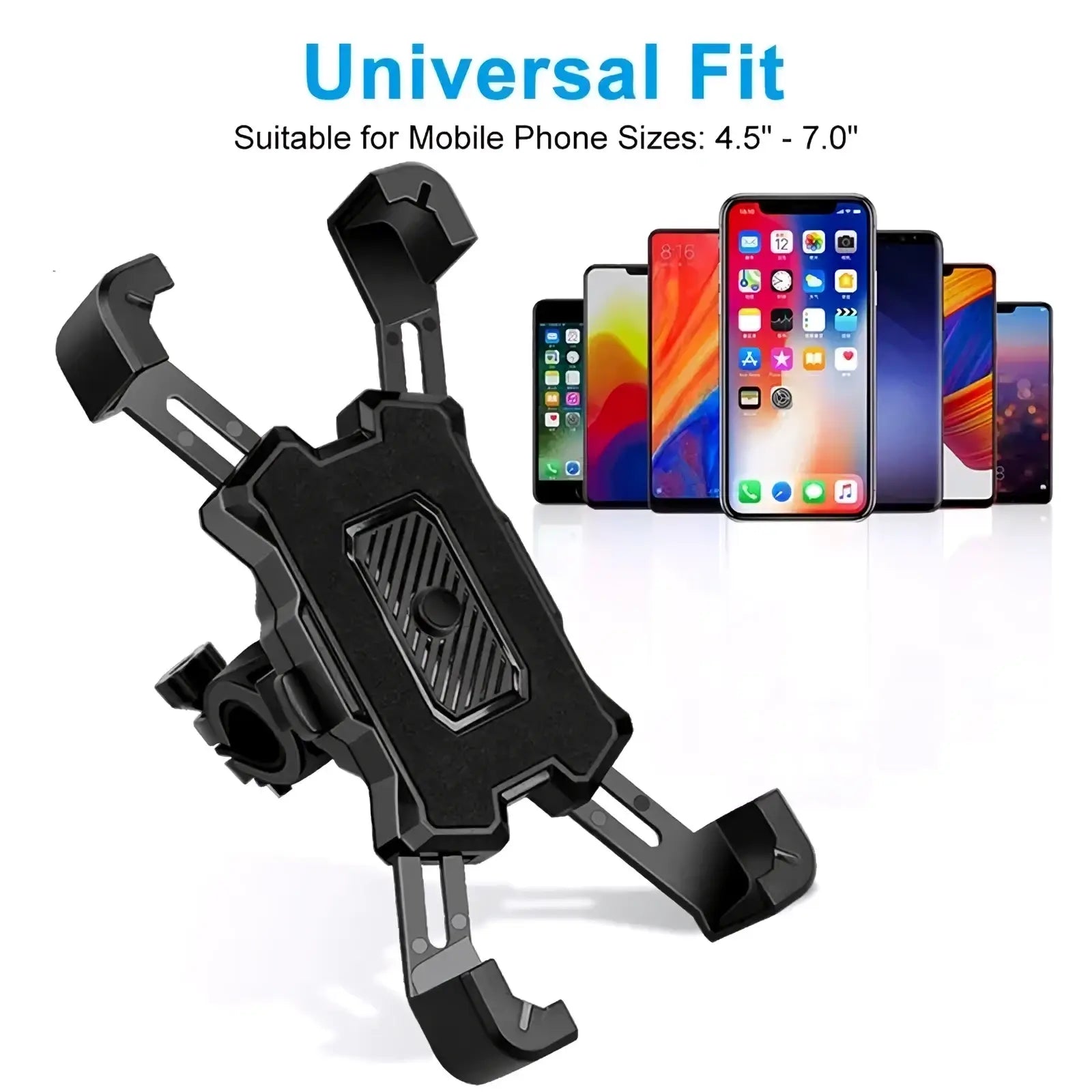 Black bike phone holder with 360 rotation handlebar mount featuring adjustable arms and textured grip surface