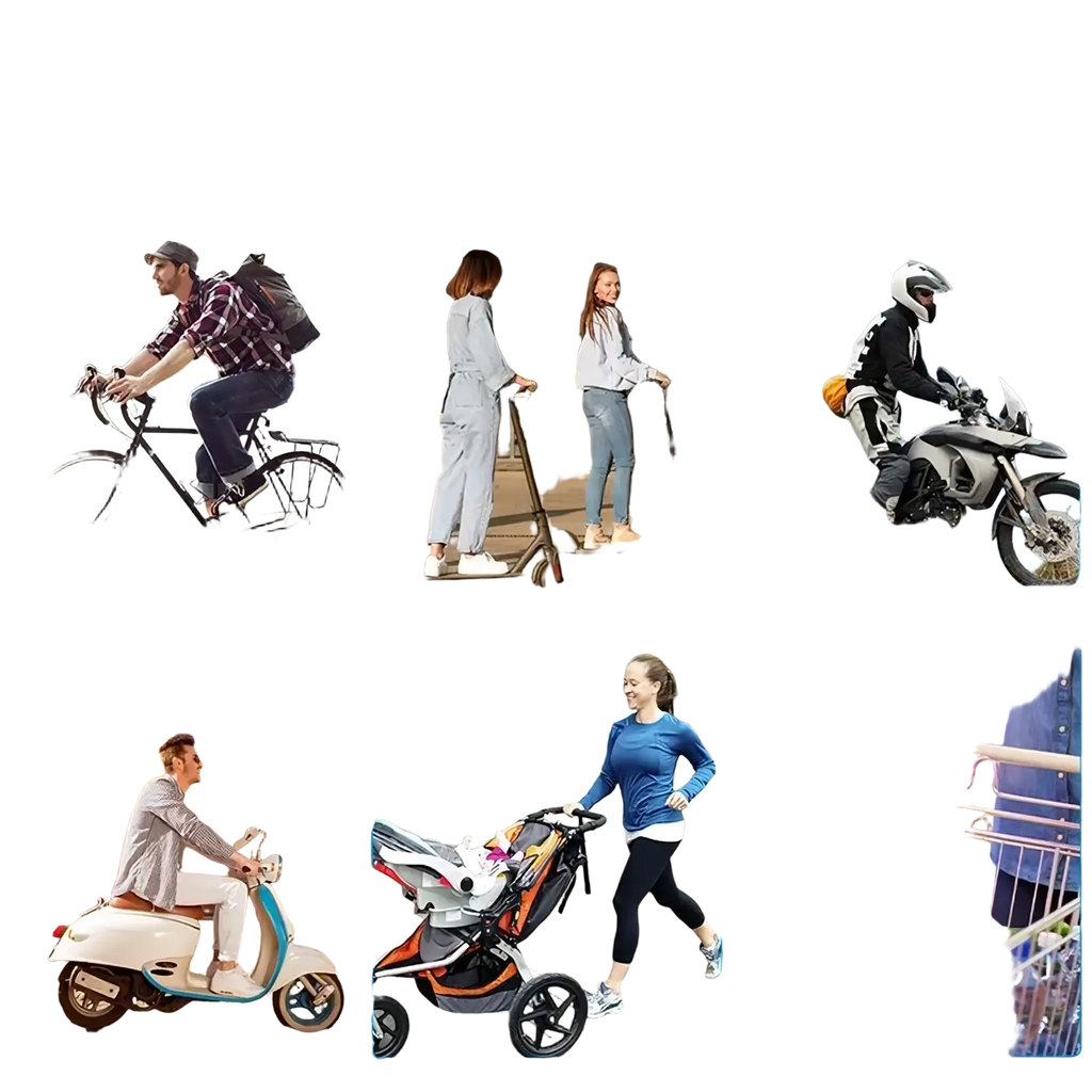 Collage of six transportation and utility vehicles featuring bike phone holder 360 rotation handlebar mount use cases