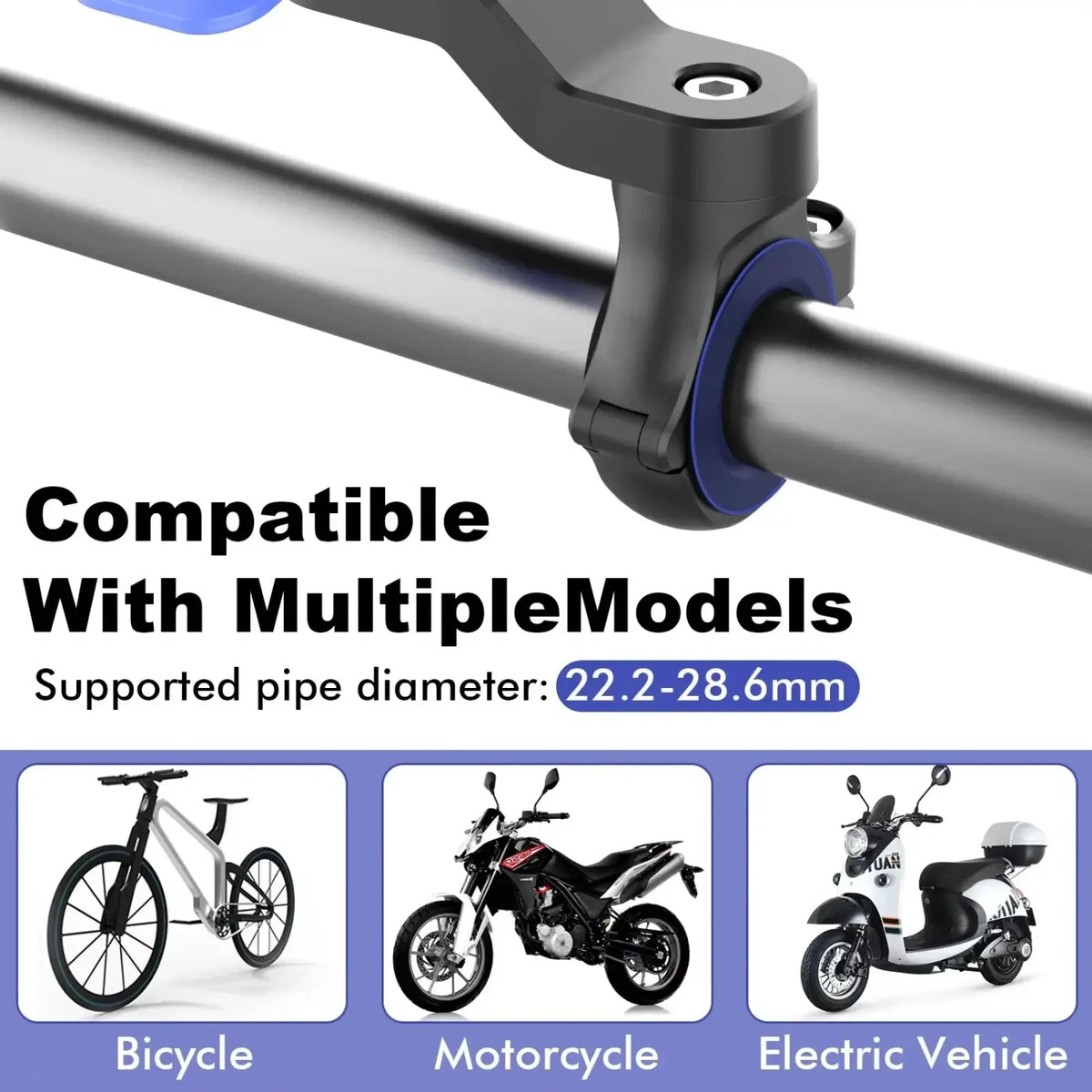 Black bicycle handlebar clamp with blue rubberized grip ring for bike phone holder mount for 4.7 to 7.2 inch smartphones