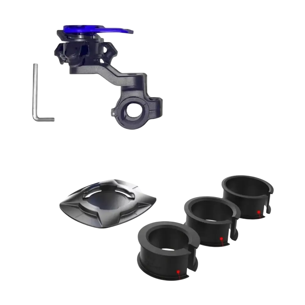 Black motorcycle handlebar mount with blue adjustment knob and black 22.2mm 25.4mm and 28.6mm mounting rings for smartphones