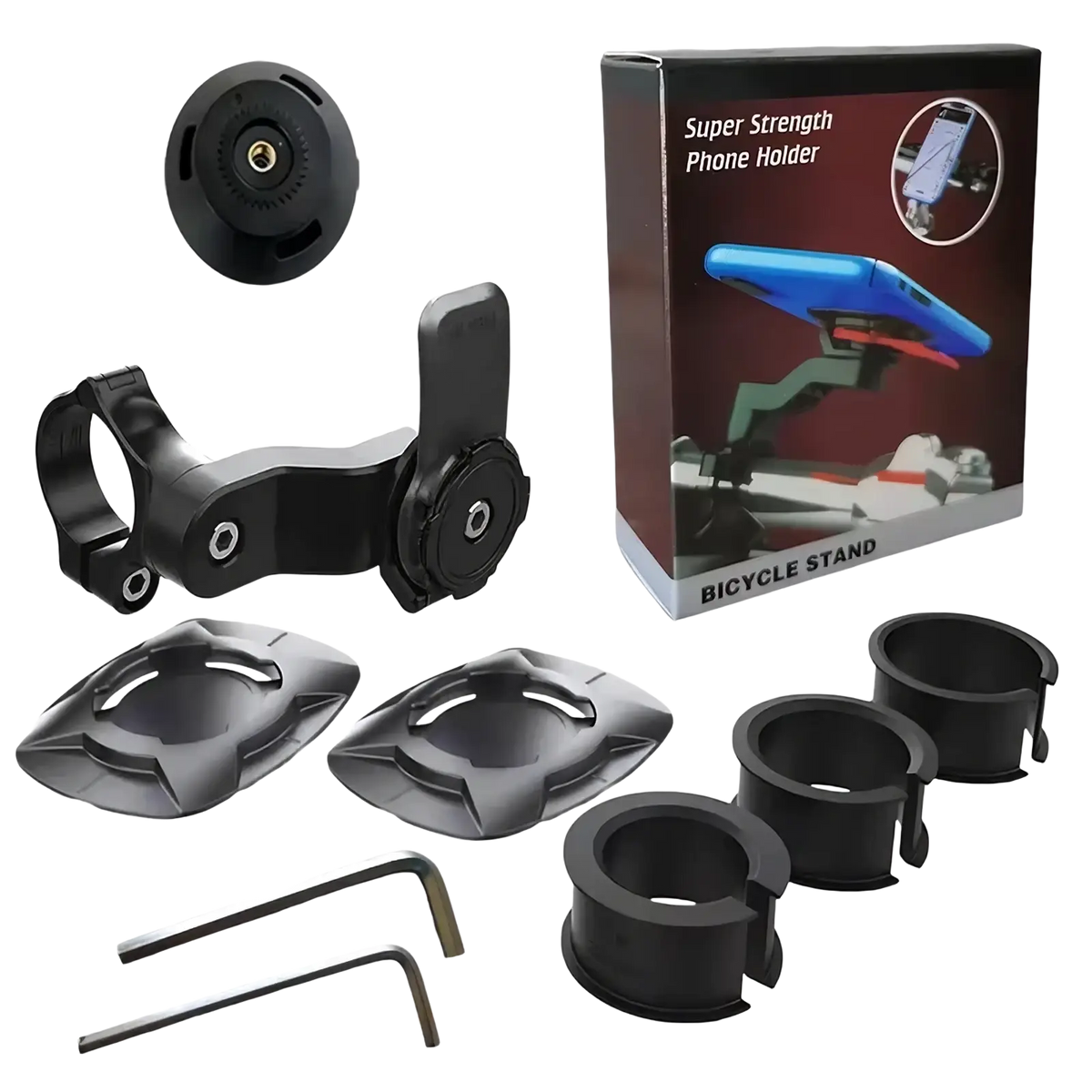 Black plastic bike phone holder handlebar mount with vibration absorber and adjustable clamps for smartphones 4.7 to 7.2 inch