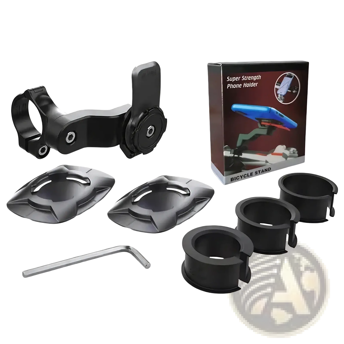 Black plastic bike phone holder handlebar mount with adjustable clamp and accessories for 4.7 to 7.2 inch smartphones