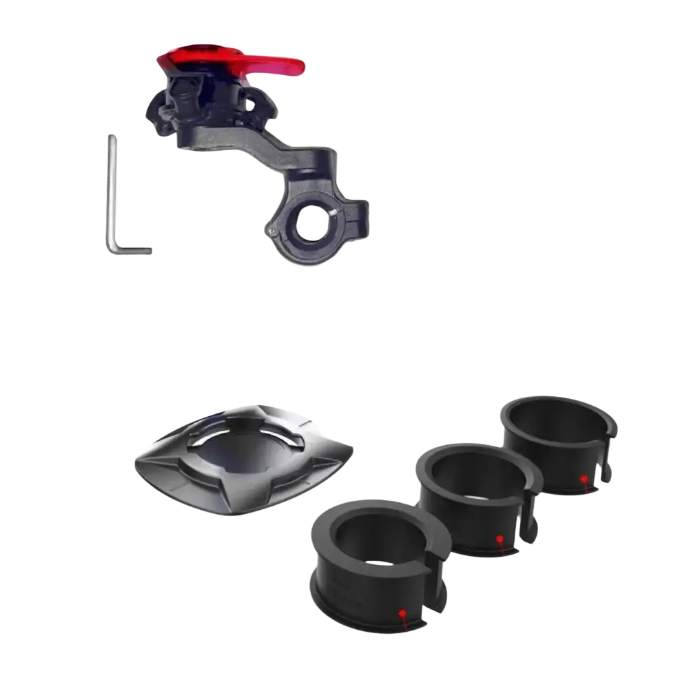 Bike phone holder handlebar mount in black with red lever and black plastic clamps for 22.2mm 25.4mm 28.6mm bars