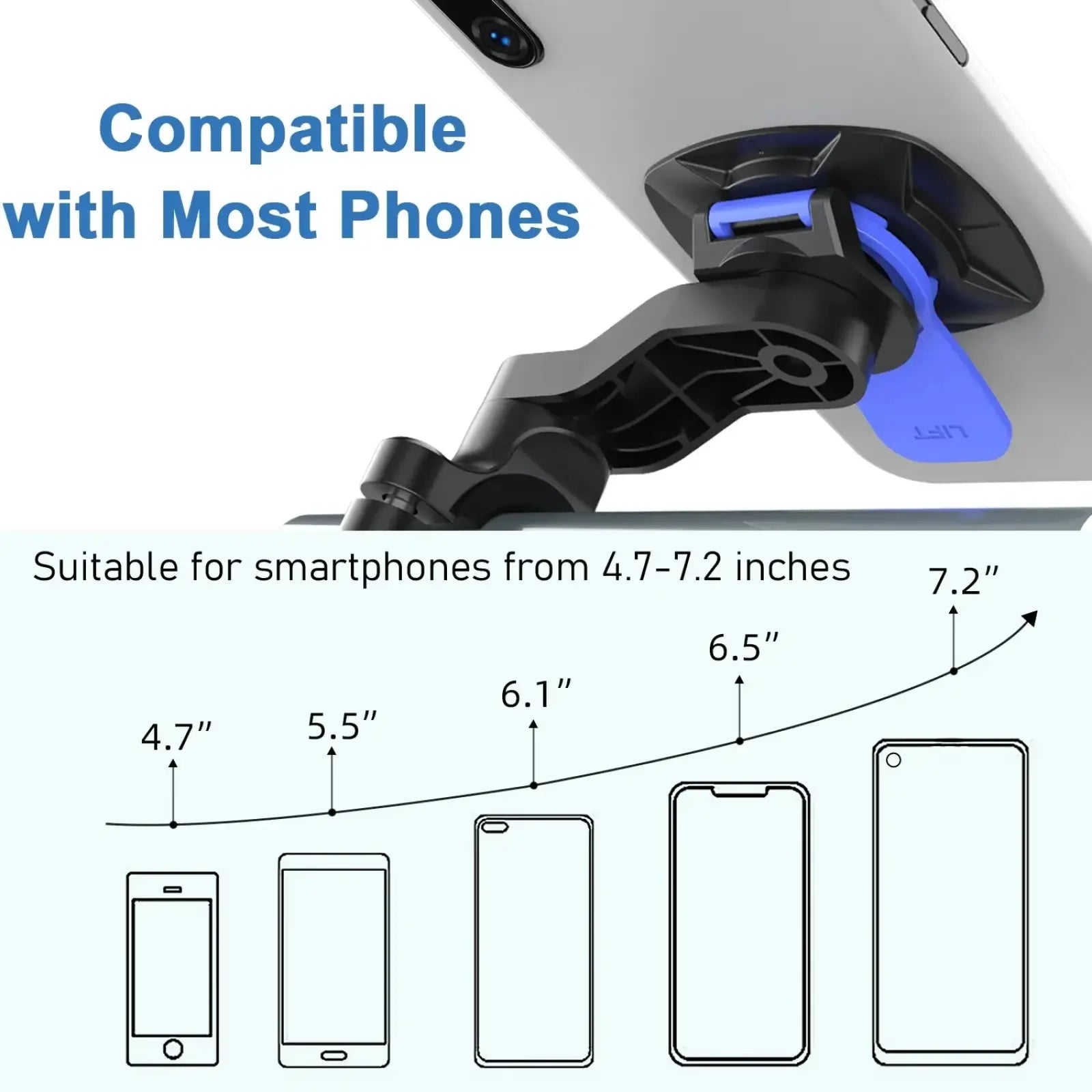 Black and blue magnetic bike phone holder handlebar mount with adjustable arm for 4.7 to 7.2 inch smartphones