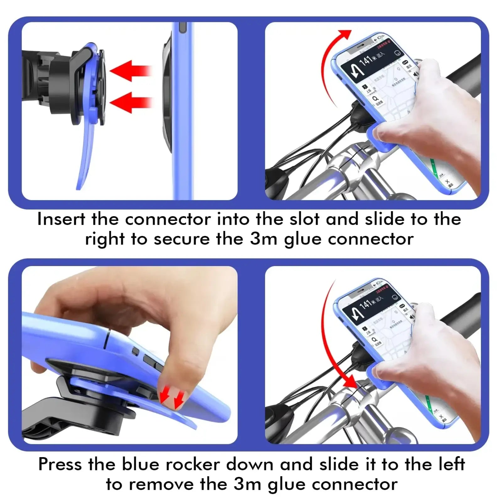 Blue plastic bike phone holder handlebar mount with black adjustable clamp and sliding mechanism for smartphones 4.7 to 7.2 inch