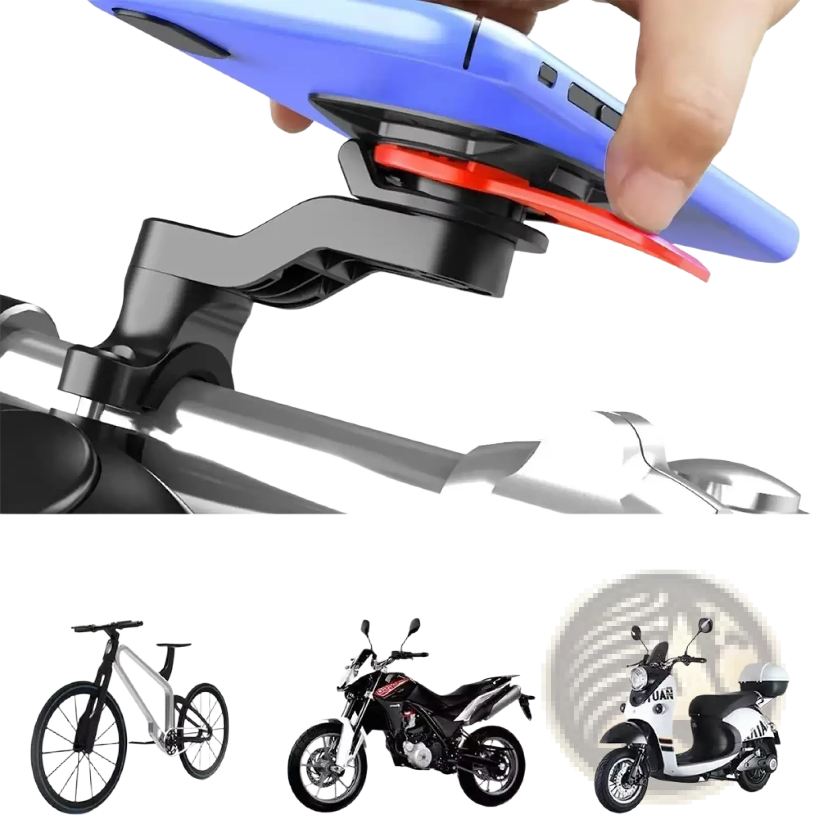 Blue smartphone secured on a black and red adjustable bike phone holder handlebar mount for 4.7 to 7.2 inch phones