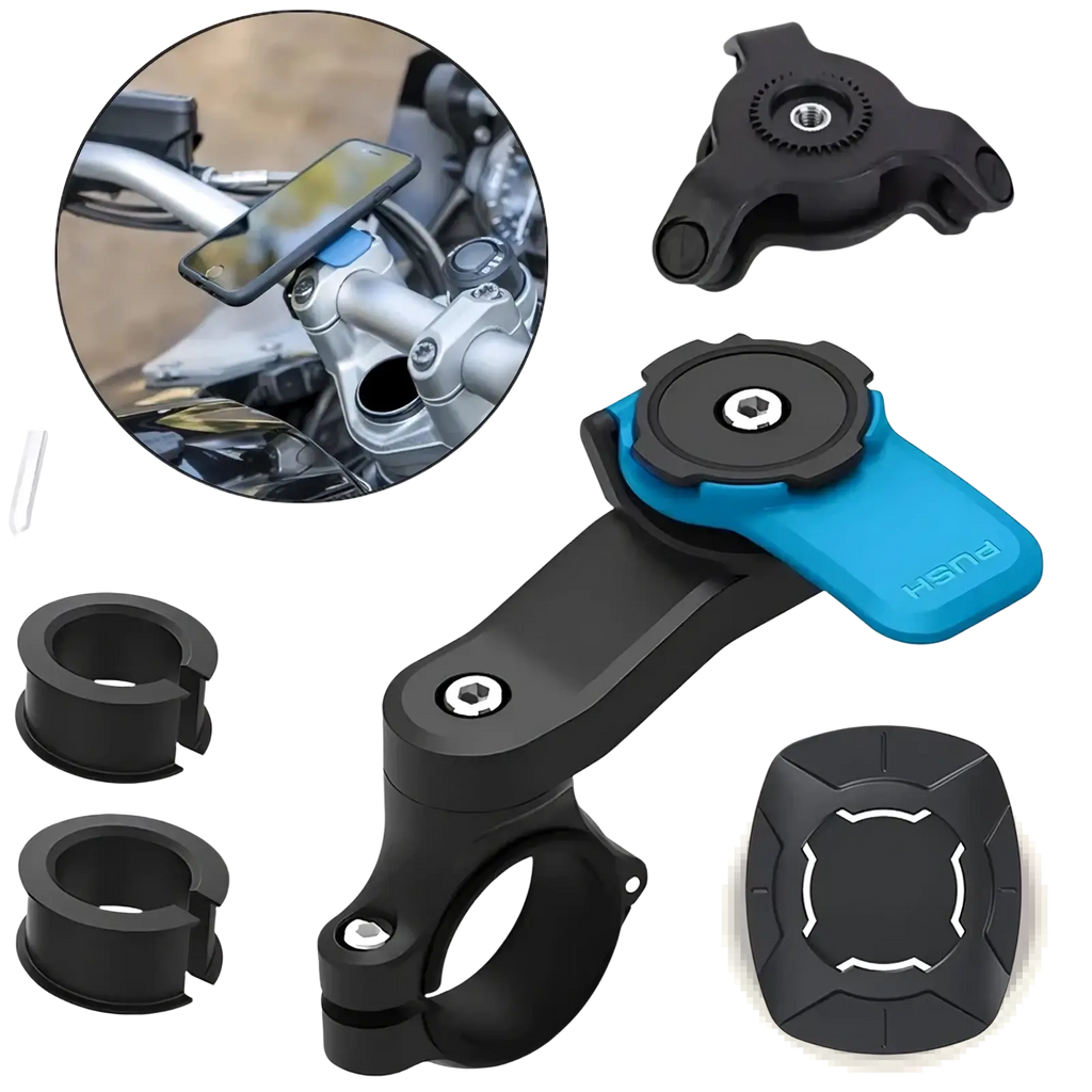 Blue and black motorcycle phone holder handlebar mount with adjustable clamp and quick-release for 4.7 to 7.2 inch phones