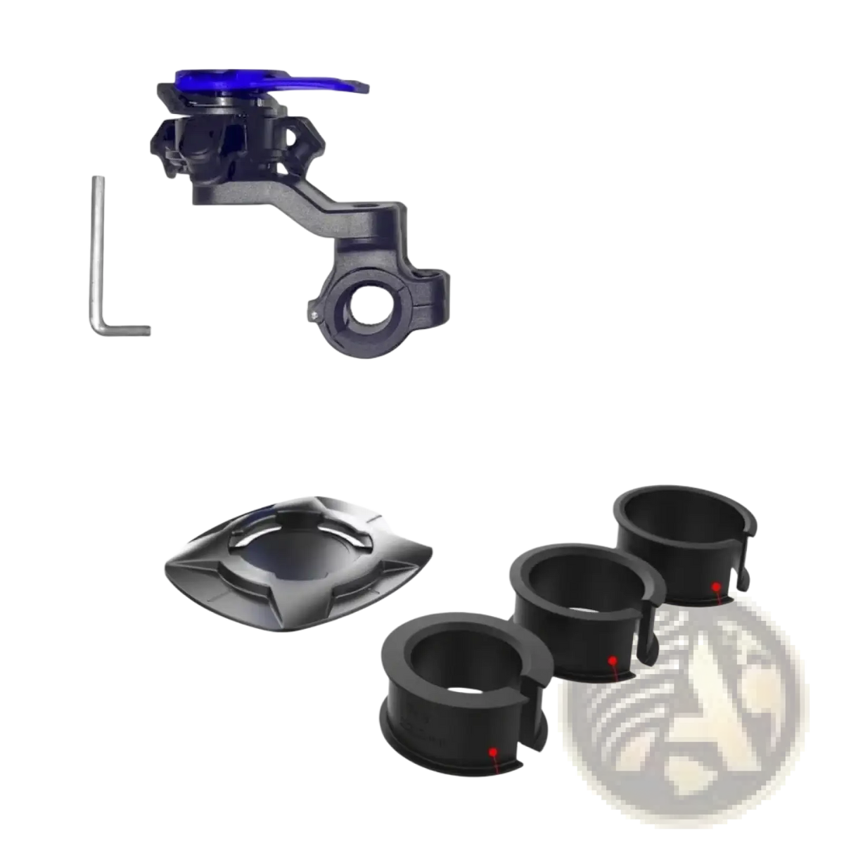 Black motorcycle handlebar mount with blue adjustment knob and black 22.2mm 25.4mm and 28.6mm mounting rings for smartphones