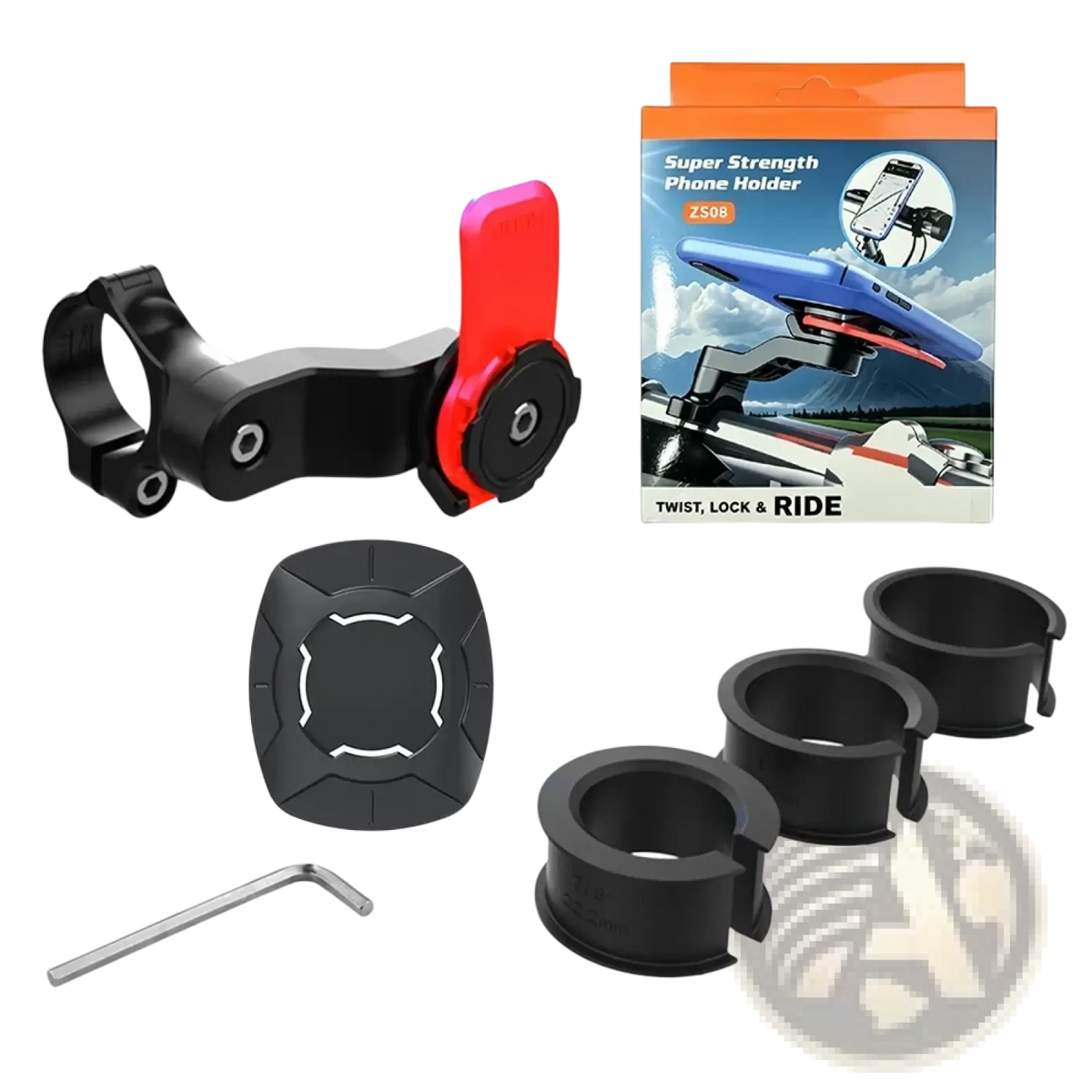 Black and red motorcycle phone mount with adjustable clamp and accessories for secure handlebar attachment for 4.7 to 7.2 inch smartphones