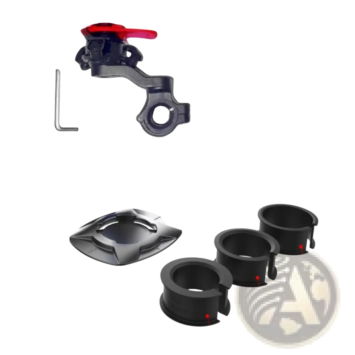 Bike phone holder handlebar mount in black with red lever and black plastic clamps for 22.2mm 25.4mm 28.6mm bars