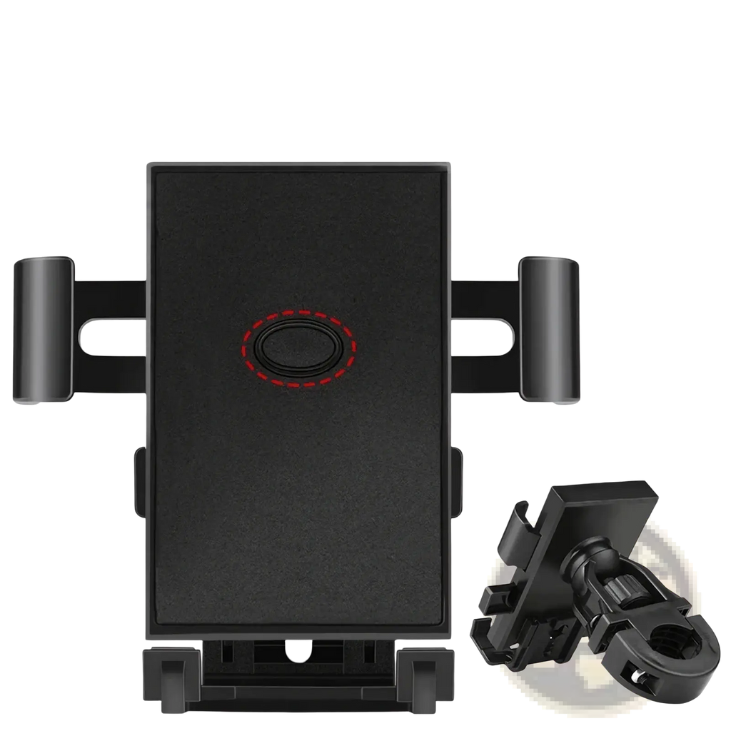 Black plastic bike phone mount with red dotted circular charging pad design and 360 degree universal holder